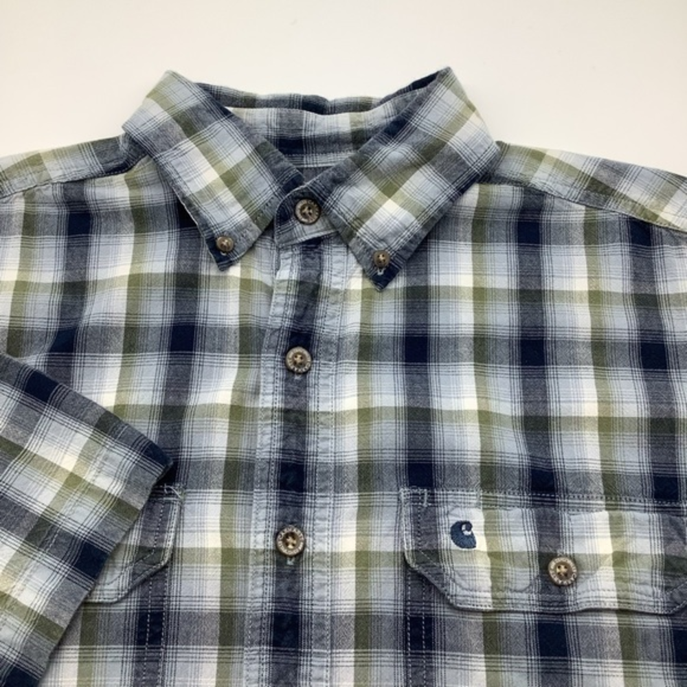 Carhartt Mens Short‎ Sleeve Button Up Shirt Blue And Green Plaid Size M.